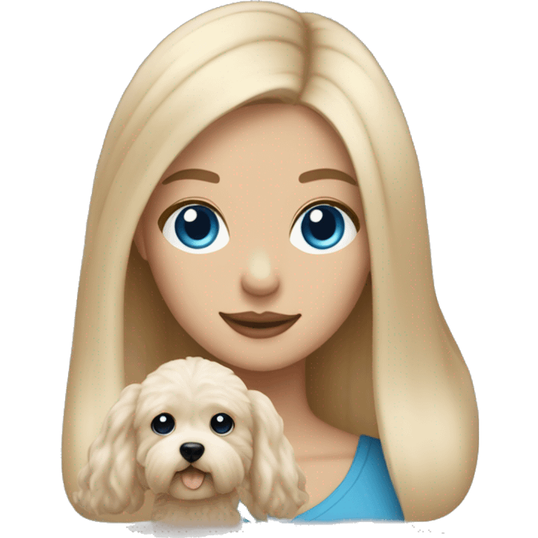 Blonde girl with long straight hair with blue eyes holding a beige maltipoo emoji