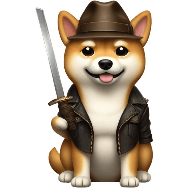 Handsome Shiba Inu dressed as Indiana Jones with a samurai sword  emoji