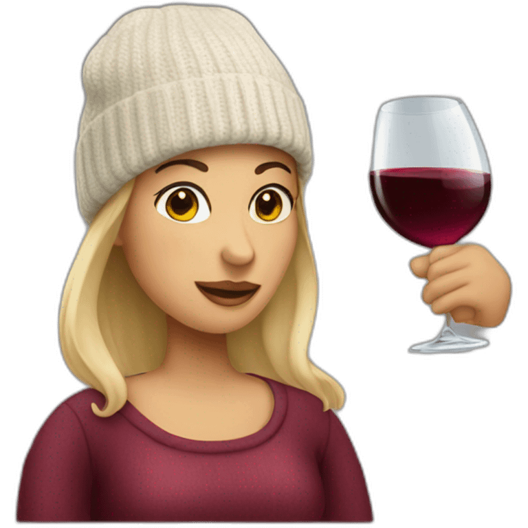 Woman with a beannie drinking wine emoji