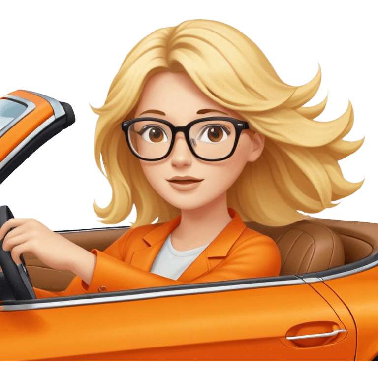 Cinematic realistic blonde with glasses, driving an orange Mercedes car, her hair fluttering slightly in the wind emoji