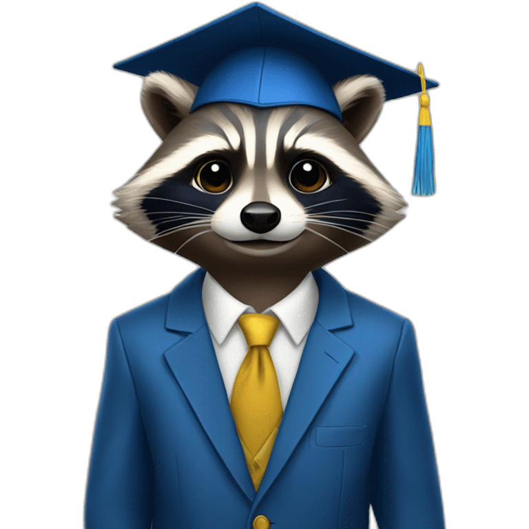 A raccoon student in a suit in the color of the Ukrainian flag in a square academic cap emoji