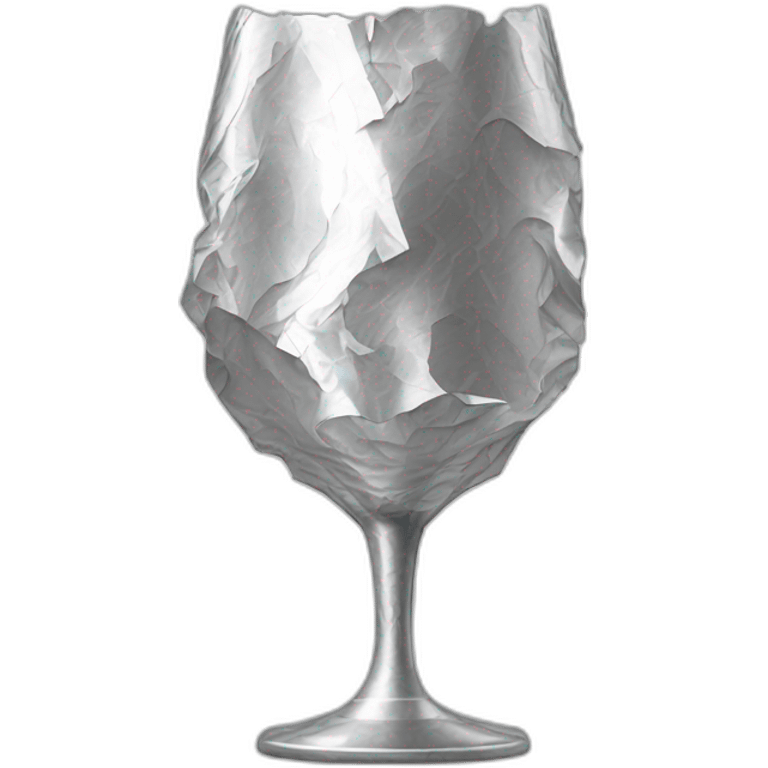 A layer of A reflective, very crinkled and wrinkled aluminum foil covering a wine glass shape, like a stemmed wine glass emoji