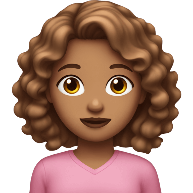 Girl with brown wavy hair, hazel eyes, pink shirt, and lipgloss  emoji