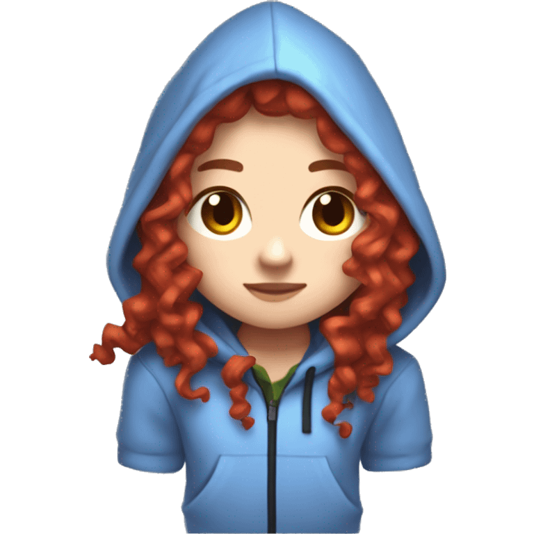 a white girl with long red curly hair, wearing periwinkle Minecraft hoodie playing a videogame emoji