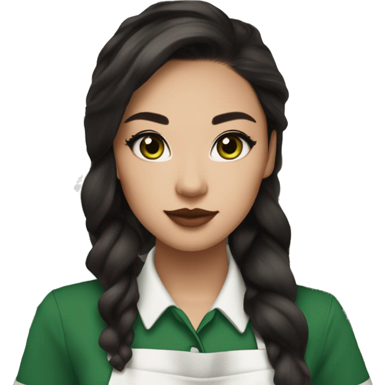 Beautiful and fashionable half white half asian starbucks barista with green apron, long dark brown hair and cat eye makeup and light glossy lips and blush emoji