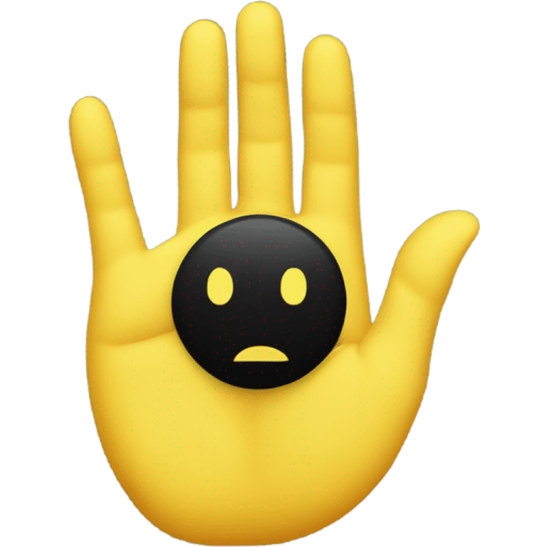 Two hands spreading a yellow circle that has a small black circle in the centre and two feet at the top of the yellow circle facing upwards emoji