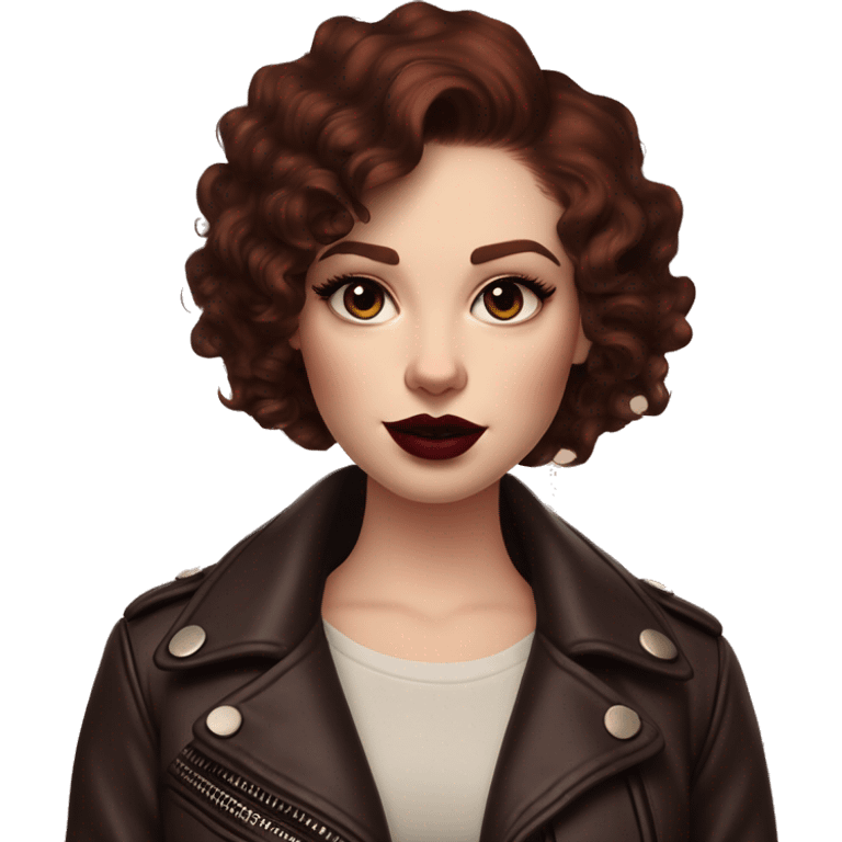 Girl with very pale skin, mahogany curly short hair with a side part, heavy cat-eye makeup, long eyelashes, dark maroon blush and lipstick.  Her eyebrows are dark, arched and very high.  Hazel eyes. Big lips. Thin. Wearing a leather jacket  emoji