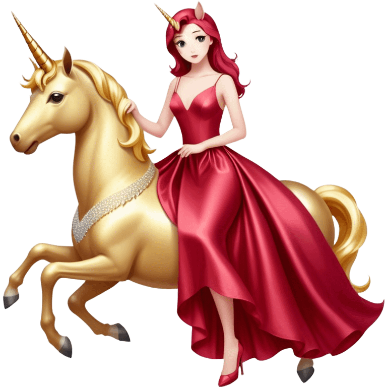 "woman, in long slim pastel red formal party satin dress with gradient shiny sparkling dark red", rides "unicorn gold and white" emoji