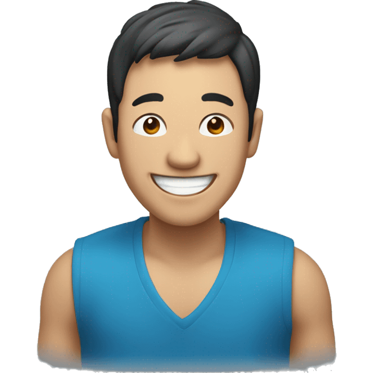 Asian man laughing, blue cloth, big smile,wide shoulder emoji