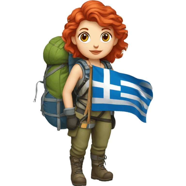 Female winter mountain climber red hair climbing, holding Greek flag on backpack and holding Easter eggs basket emoji