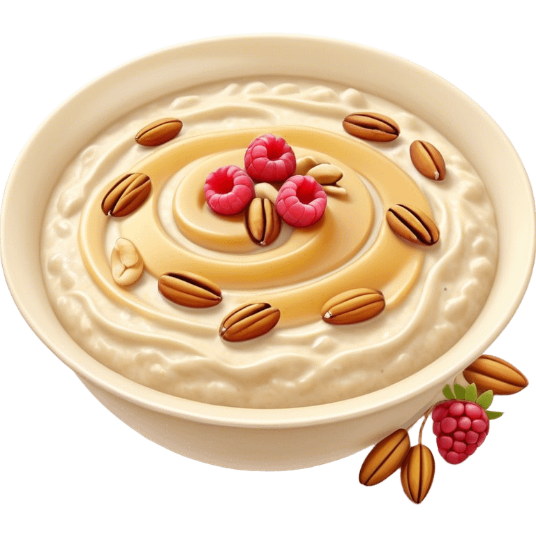 Cinematic creamy oatmeal, smooth texture with a swirl of honey on top, garnished with fresh berries and nuts, warm and comforting, cozy golden tones, rich and delicious. emoji