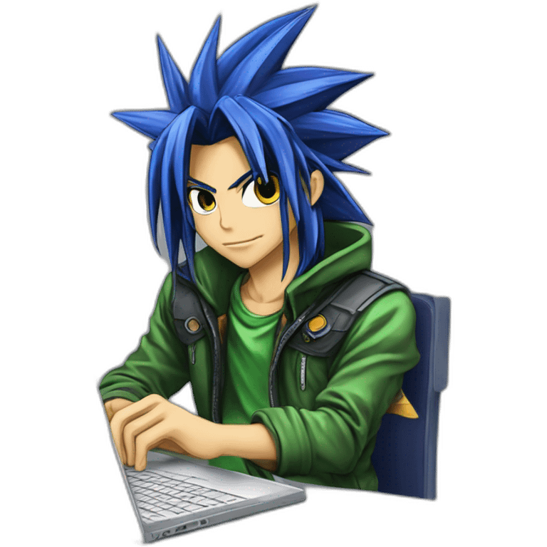 developer behind his laptop with this style :  yu-gi-oh manga anime with hacker themed character emoji