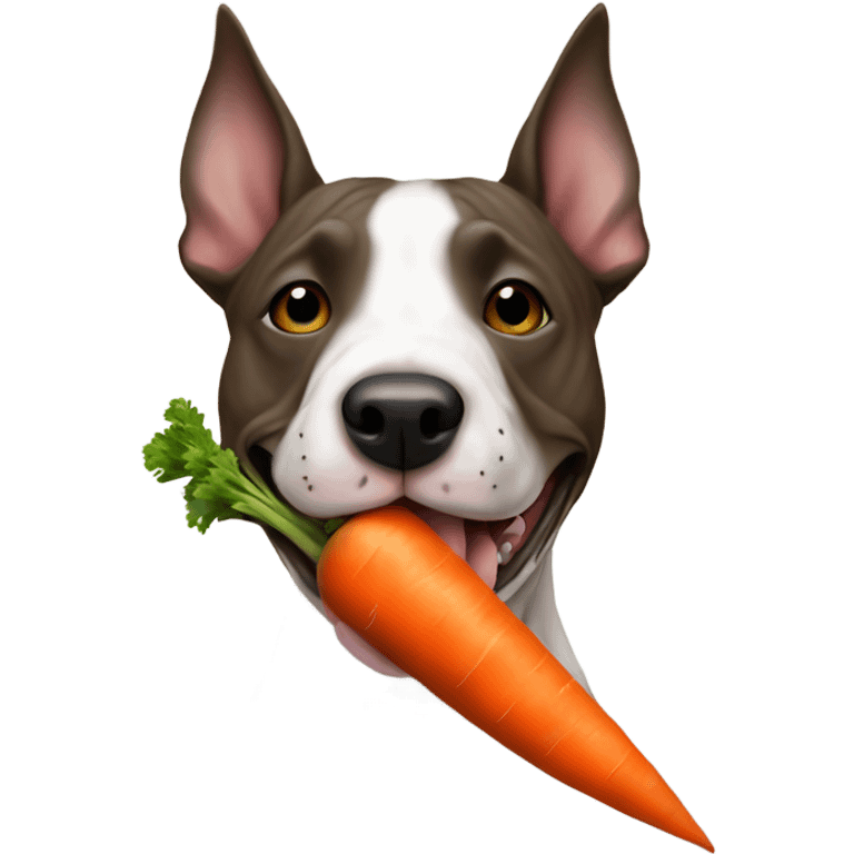 Brindle Bull terrier with a carrot toy  in mouth like a cigar only one carrot  emoji