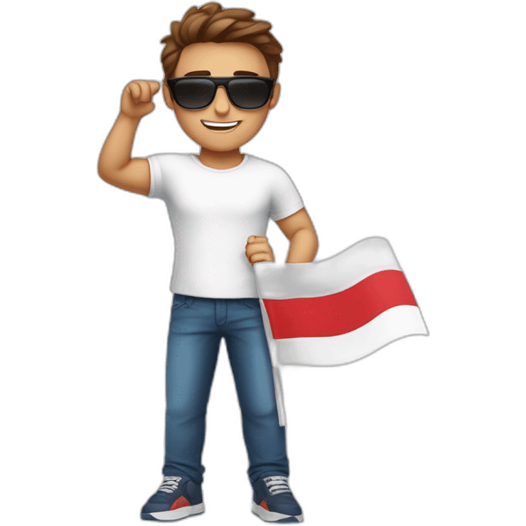 A young fit man with a white shirt and sunglasses on his hair with brown hair and a French flag in his hand emoji