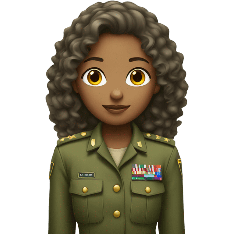 A girl with long curly hair wearing a green army uniform emoji