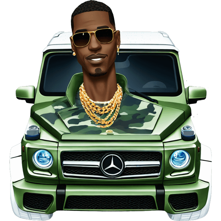 Young Dolph luxury clothes,blue diamond chain on,getting inside/not all the way in,just opened car door to his all orange and green colored,whole car painted army camouflage, Mercedes G Wagon emoji