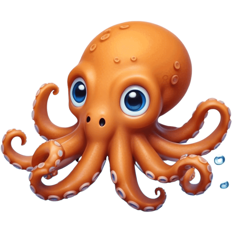 Cinematic Cute Octopus Portrait Emoji, Head tilted playfully and inquisitively, featuring a rounded, light orange body embellished with playful blue rings, eight adorably curling arms, and big, twinkling eyes full of wonder, Simplified yet irresistibly adorable features, highly detailed, glowing with a warm, inviting underwater glow, high shine, affectionate and lively, stylized with a touch of whimsical cartoon charm, soft glowing outline, capturing the essence of a mischievous yet loving octopus that seems as if it could bob out of the screen into your arms! emoji