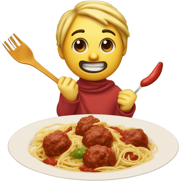 create a crescent, moon, eating spaghetti while smiling with red sauce and meatballs with a spoon and a fork and hand and a napkin around his neck emoji