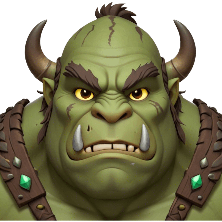 Cinematic Noble Ogre Portrait Emoji, Majestic and imposing, with a rugged, muscular form in deep earthy greens and browns, adorned with battle scars and subtle tribal markings, exuding calm, noble strength and unexpected wisdom, simplified yet strikingly detailed, glowing with a shadowy outline that captures the essence of a gentle giant with fierce heart! emoji