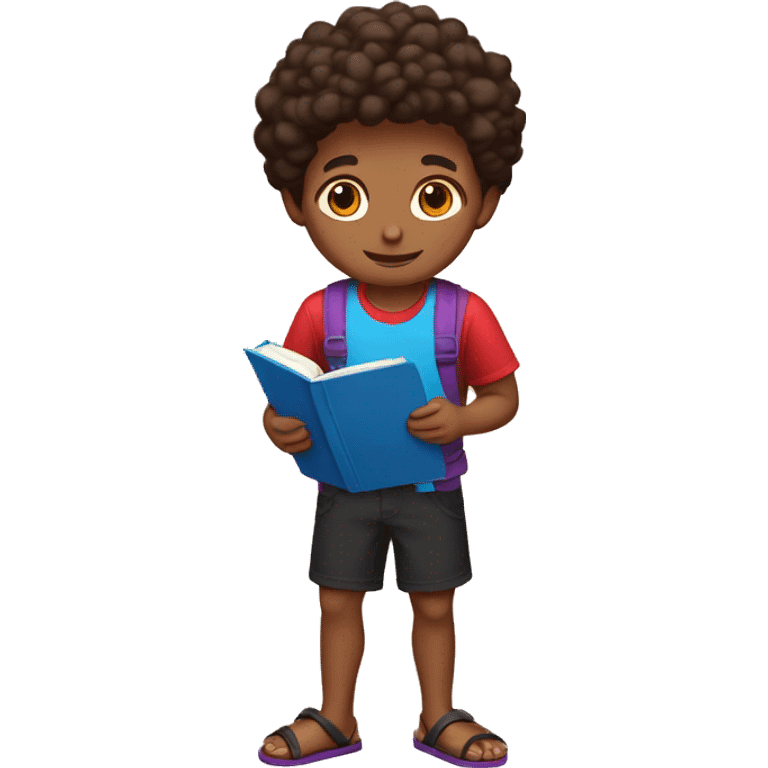 a brown boy in a red and black shirt, blue shorts and wearing sandals, holding a purple book emoji