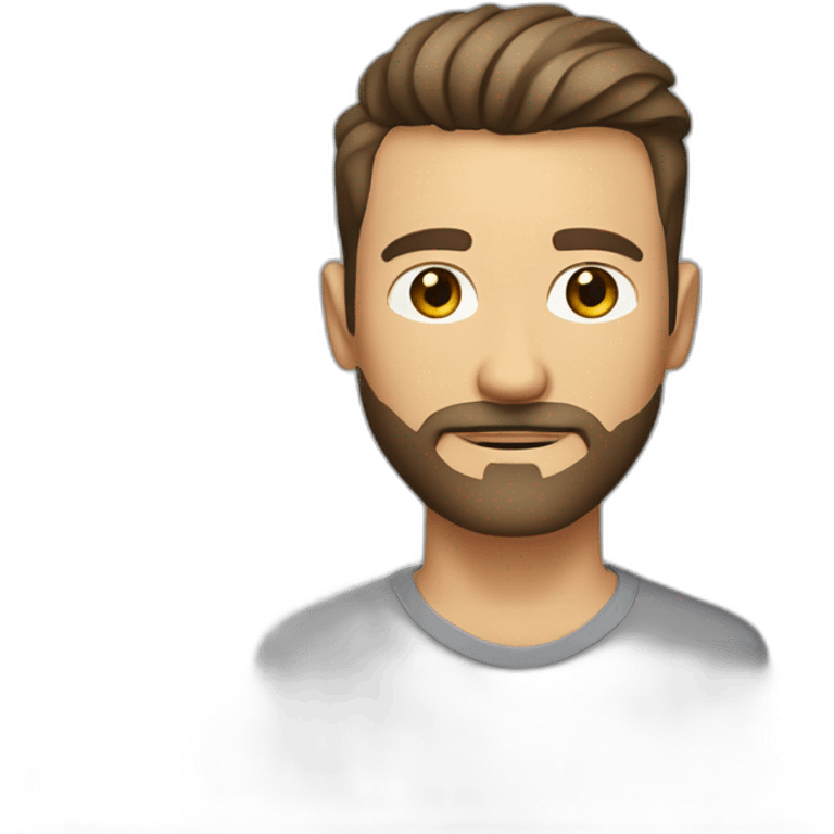 White man with slight sun kissed tan, dark brown eyes and undercut fade hairstyle. He has beard stubble and mustache trimmed. Cool clothing, hair styled sideways backwards. emoji