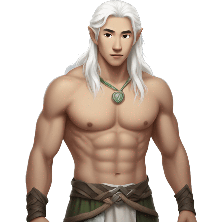 Asian masculine full body shirtless abs long white hair elf  emoji