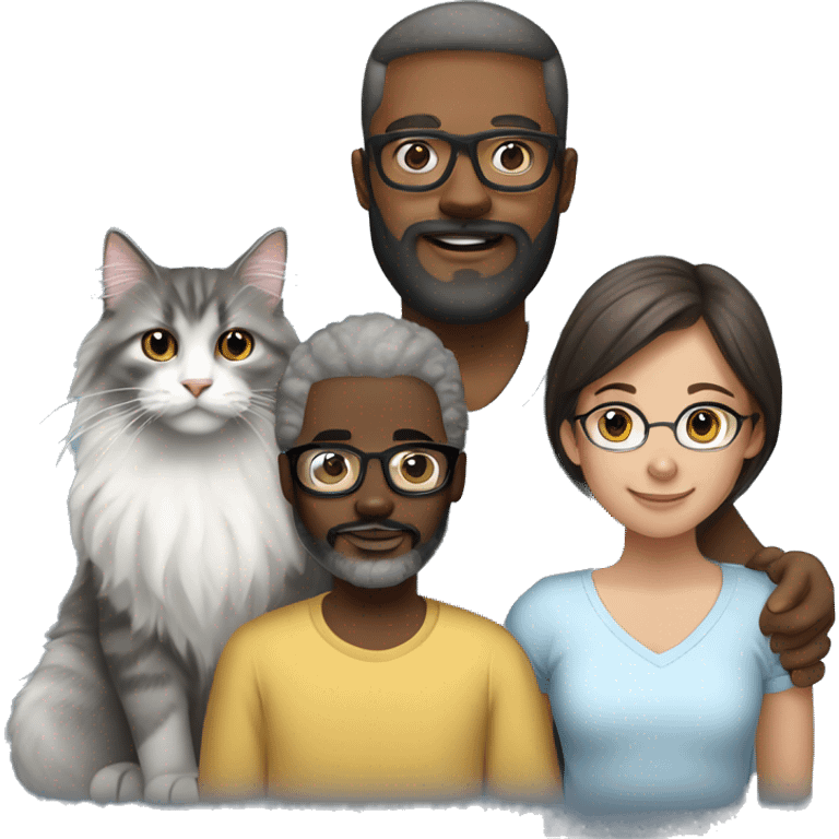 black dad with beard and glasses, white brunette mom, mixed two year old daughter and a grey norwegian forest cat emoji