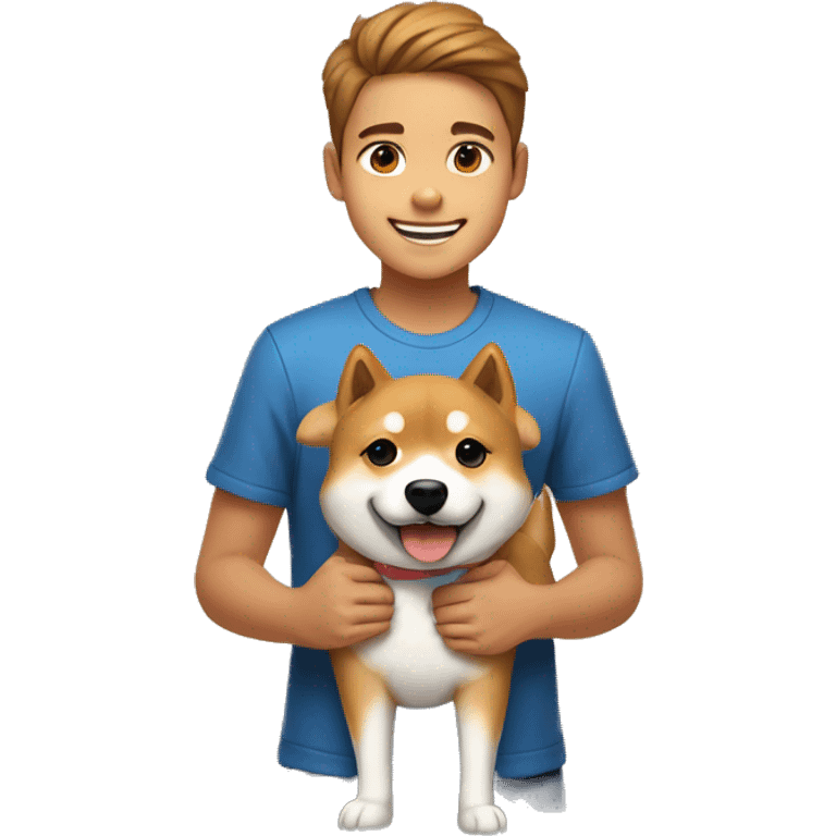 Light brown hairs boy with brown eyes and wide brows 12 years smiling and holding with dog shiba inu  emoji