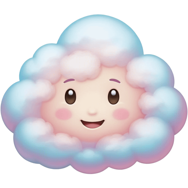 Cinematic round pastel cloud, soft puffy texture, gentle glowing edges, tiny happy face with blushing cheeks, floating in a dreamy sky, warm and magical. emoji