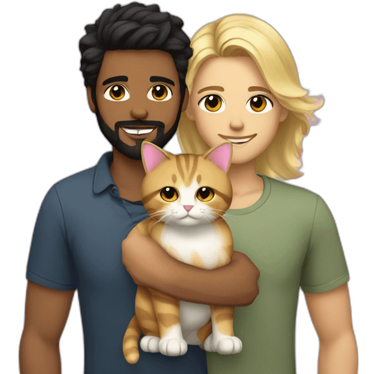 Gay male couple Latino Black hair and beard male and Australian blonde hair male , with a cat in the middle emoji