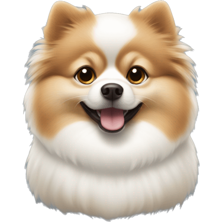 The dog is a white Pomeranian with a brown stripe on his forehead emoji