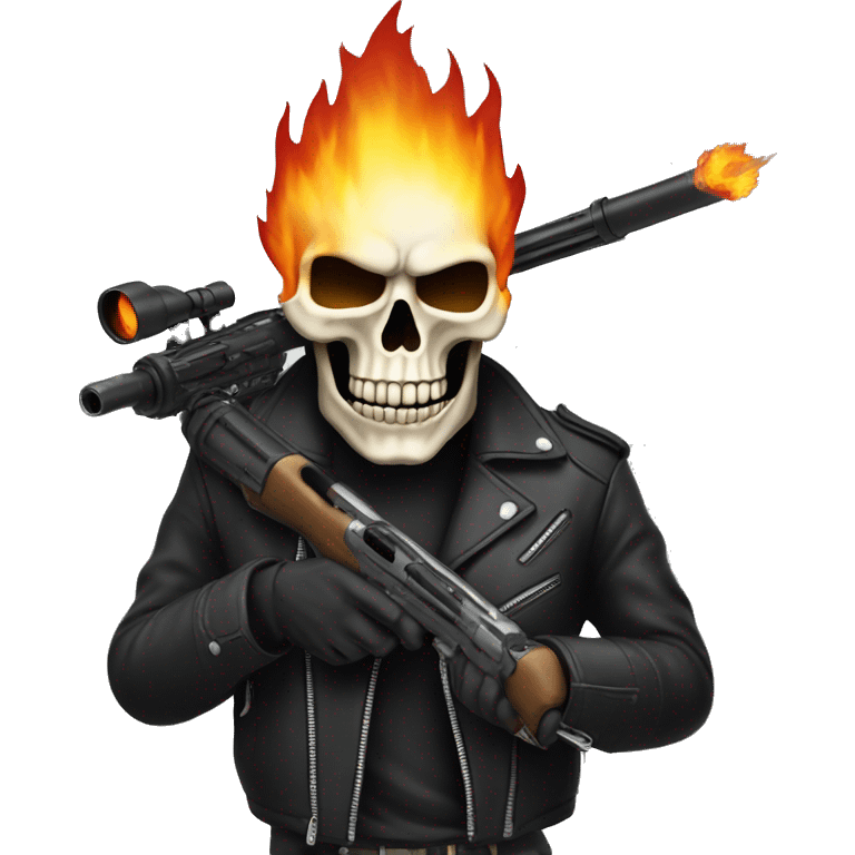 flaming skull  wearing leather jacket holding a sniper rifle emoji