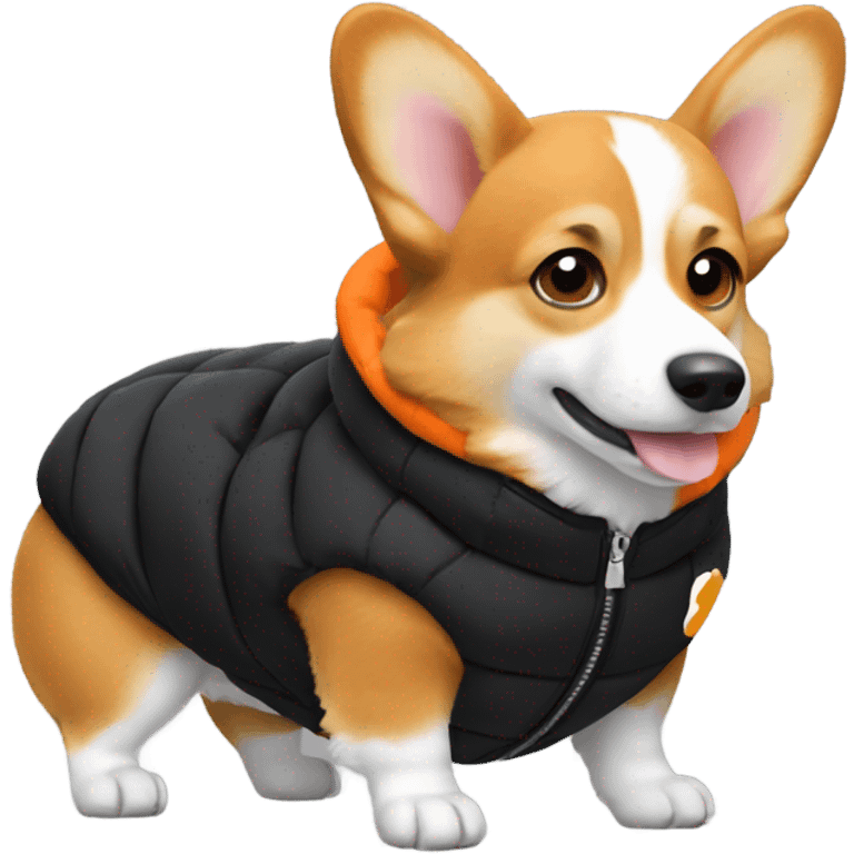 corgi wearing a black puffer jacket with a small orange square with white letters "YC" logo on the left chest emoji