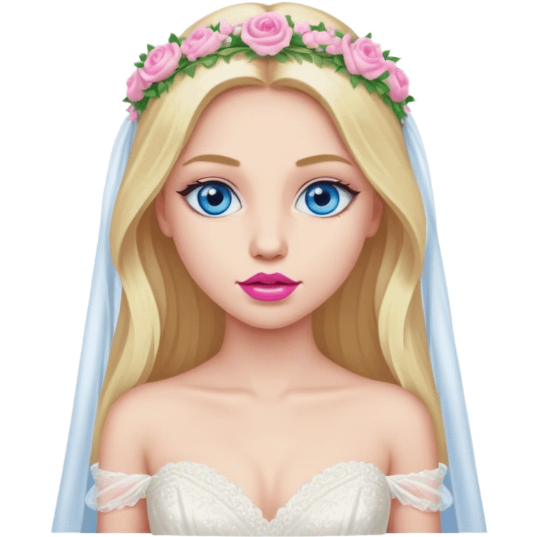 Cinematic realistic blonde with long hair, blue eyes and pink lips in a wedding dress emoji