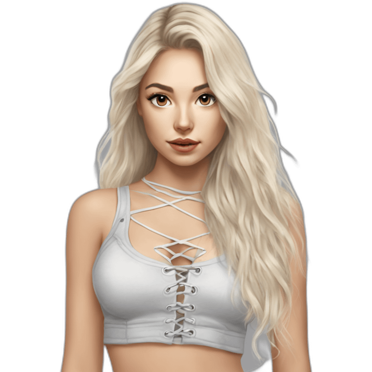 caucasian straight long haired blonde, white plush lace up crop top, tight grey mini skirt, hyperrealist drawing emoji