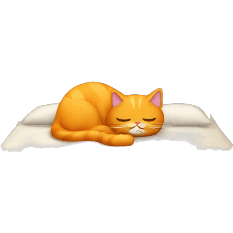 Gato naranja durmiendo sobre una cama de comida emoji