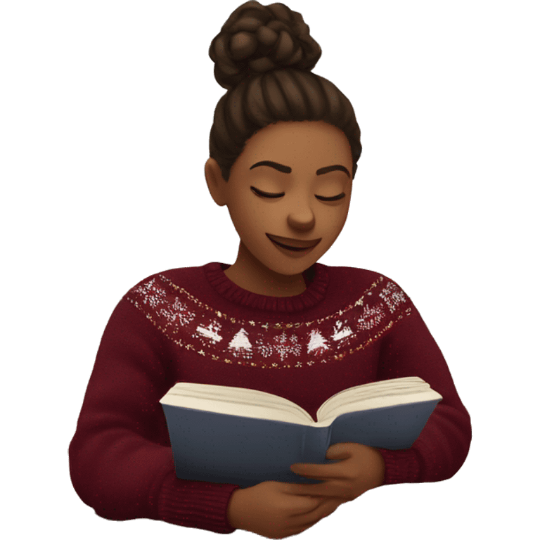 Girl wearing burgundy Christmas jumper reading a book emoji