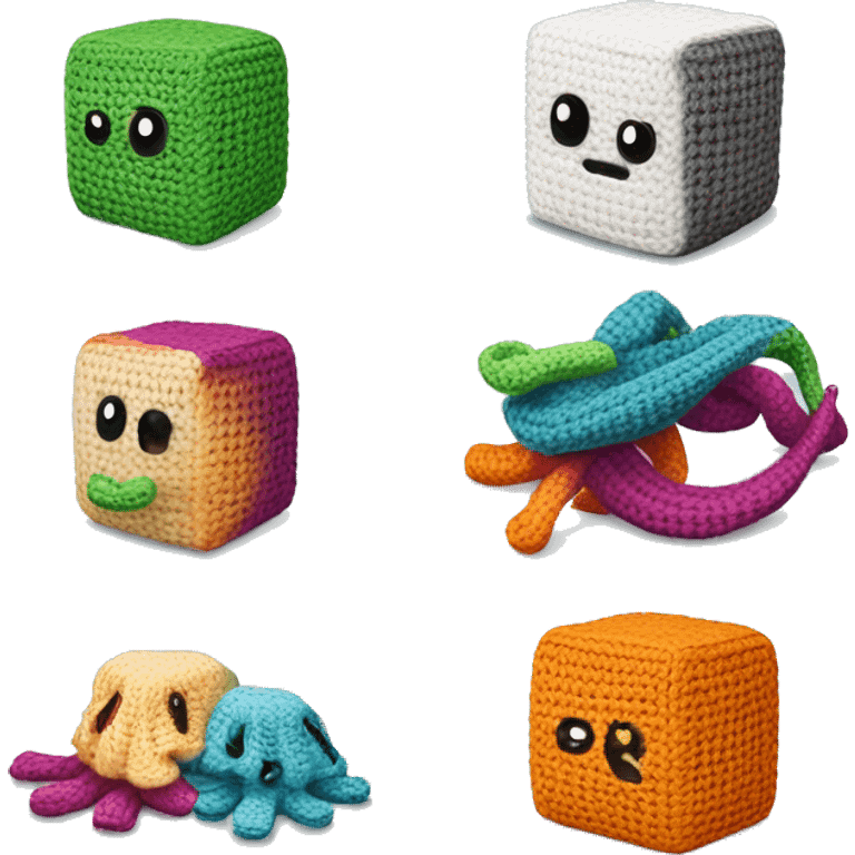 a squid crocheting, solving  rubix cube, and reading emoji