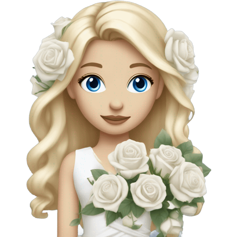 Wedding hair long with white roses beautiful finished blond girl with blue eyes  emoji