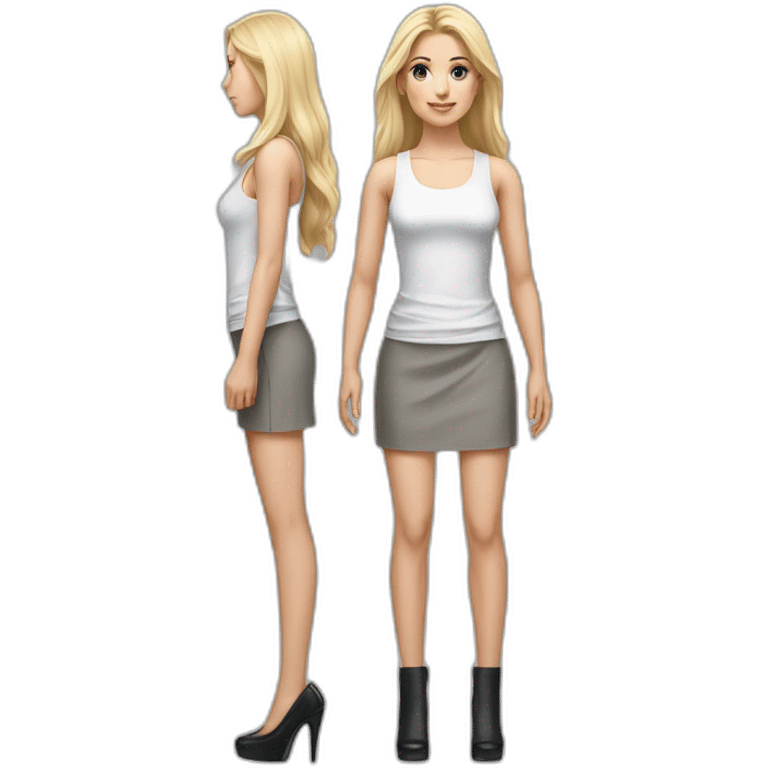 hyperrealist caucasian, long blonde hair, brown eyes, woman, white strap tank top, gray tight mini skirt, black high heels, full body emoji