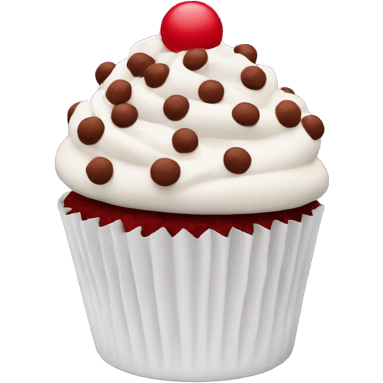 Red velvet cupcake with white frosting and red velvet chocolate chips on top emoji