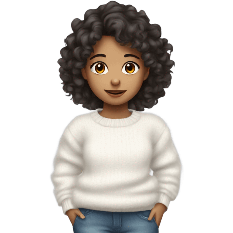 Young cute girl with dark wavy hair in white fluffy sweater emoji