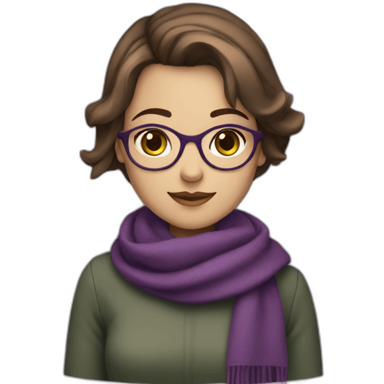 A girl with medium short hair with green and brown eyes with glasses with purple scarf  emoji