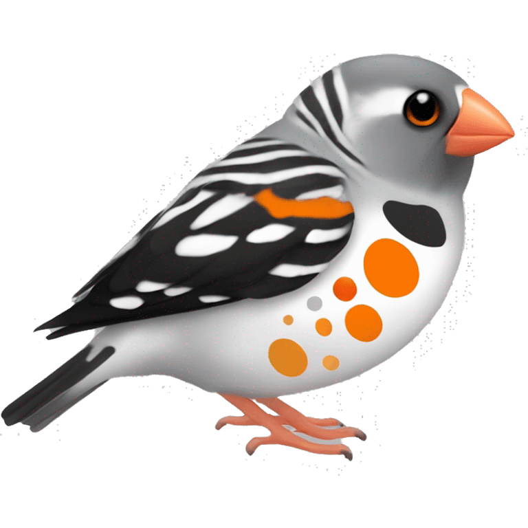 Zebra finch with orange circles on cheeks, grey body, white chest, with black tail, black eyes, and orange feet emoji