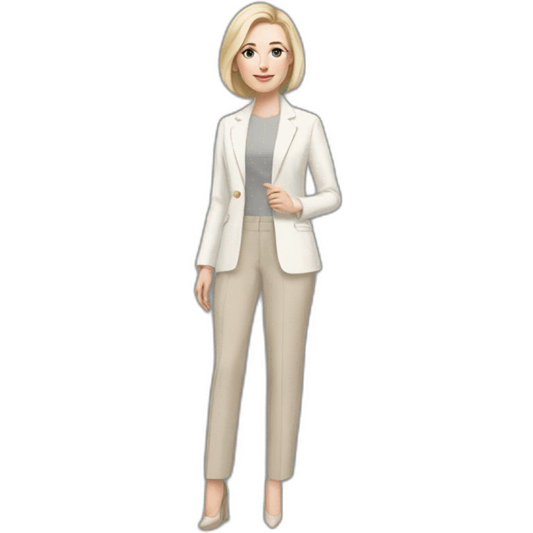 Full height pale skin woman with ash blonde Straightened bob Hair, White Spacious classical jacket, beige Arrow pants and gray blouse holding a color palette in the hands emoji