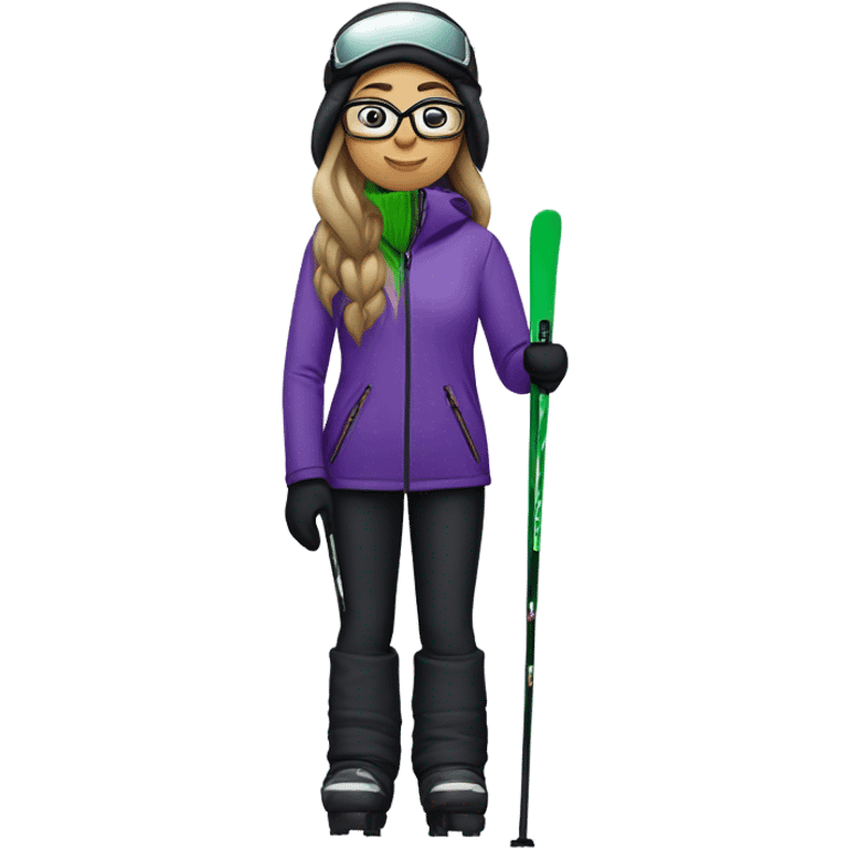 Green-eyed, slightly overweight female skier with long straight hair, glasses, purple snow jacket, long black pants, black only snow boots, black skis standing tall. emoji