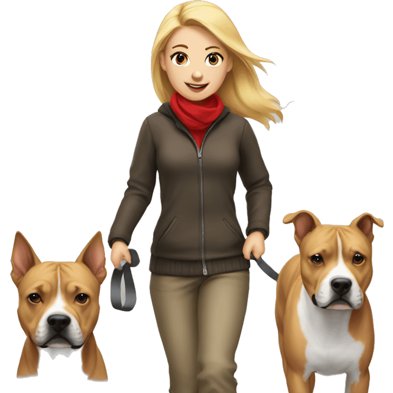 Blonde girl walking red amstaff emoji