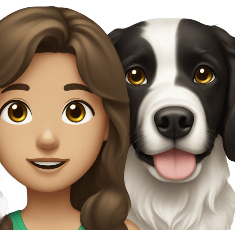 Girl with brown hair and green brown eyes next to a black golden retriever and épagneul breton black and White  emoji