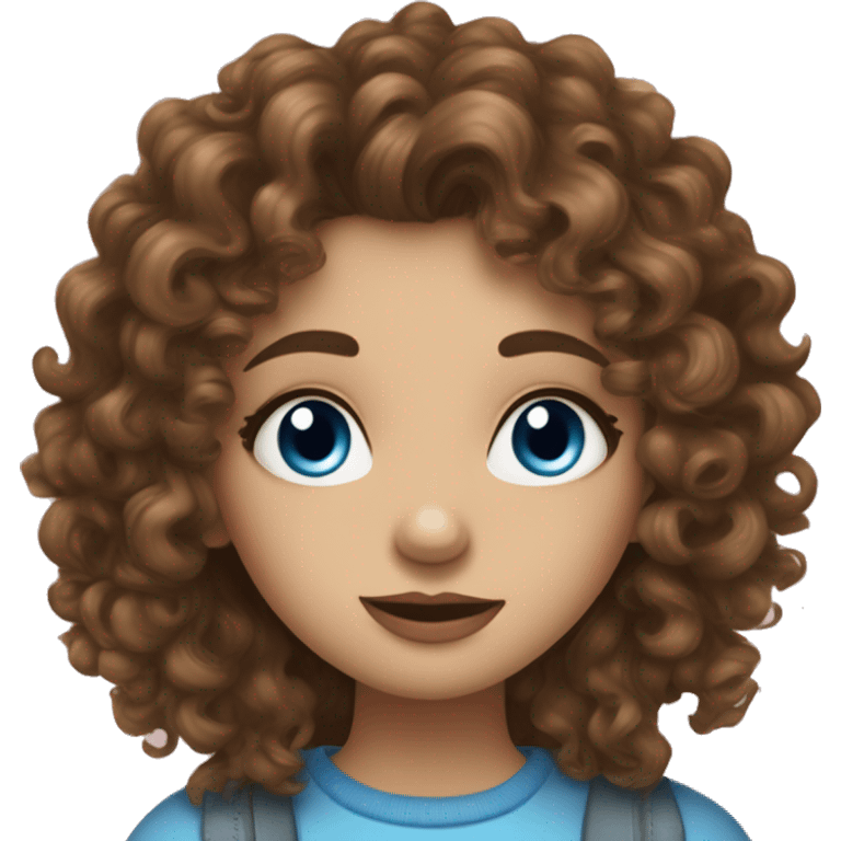 A curly-haired girl with brown hair, fair skin and blue eyes and long eyelashes sends a kiss emoji