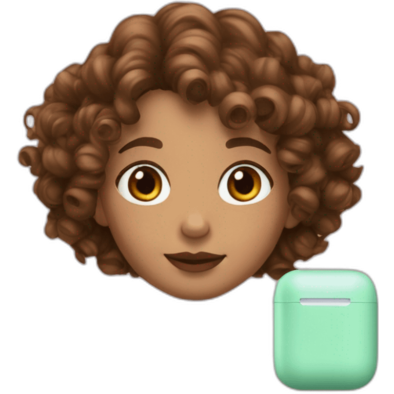 curly girl with brown bob hair brown eyes with freckles in AirPods Pro green emoji